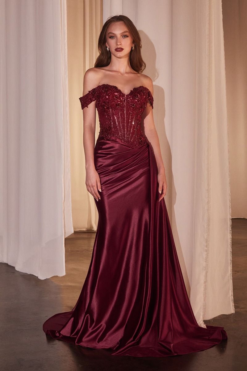 CD803 BLACK OFF THE SHOULDER LACE & SATIN FITTED GOWN