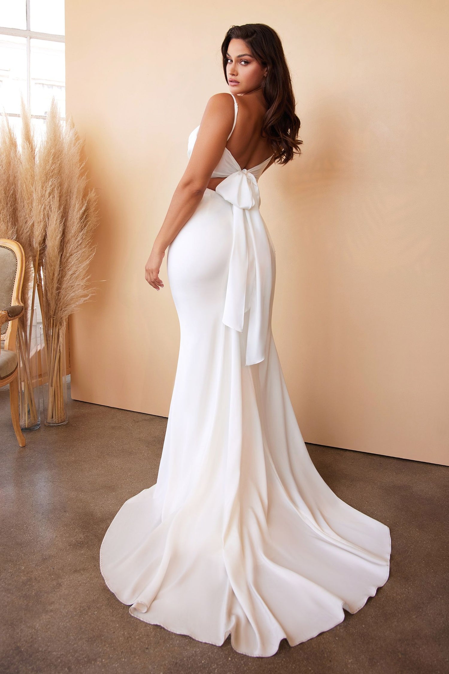 7487W Tie-Back Sash Charmeuse Mermaid Gown