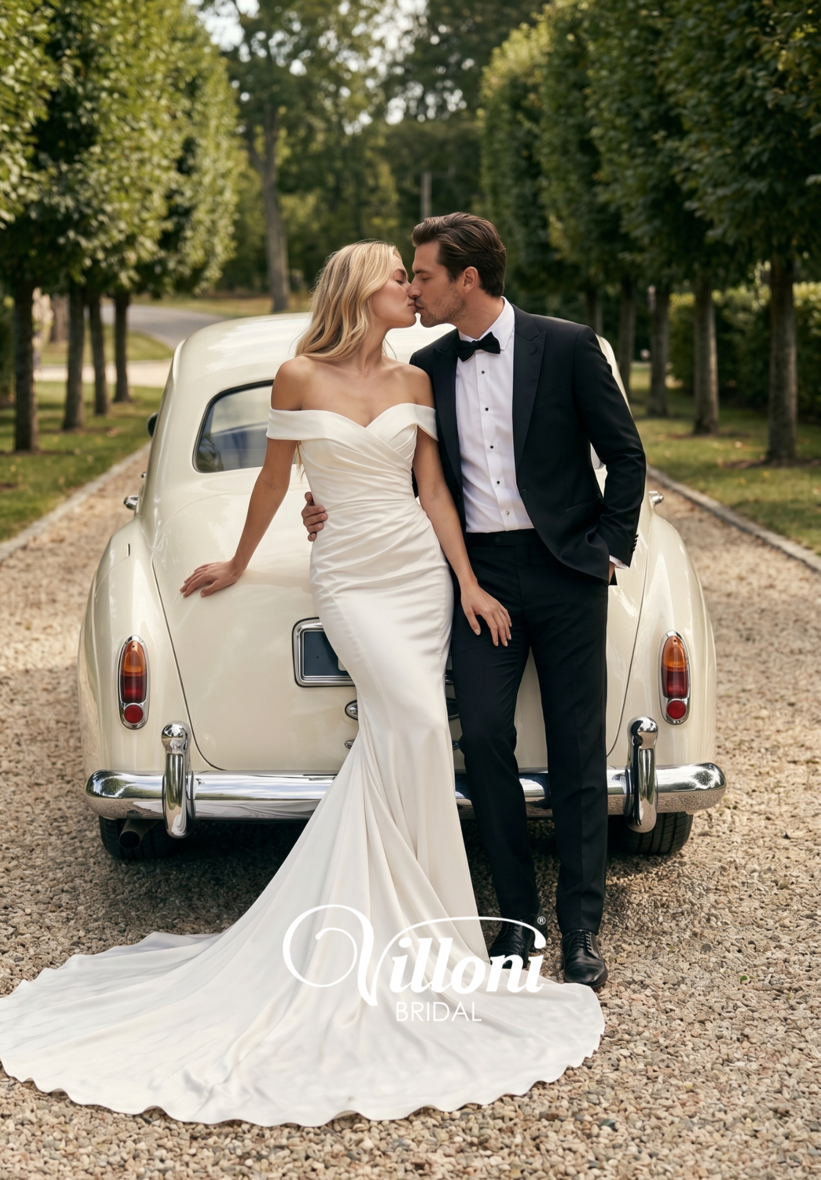 Couple in wedding attire standing next to a vintage car with &