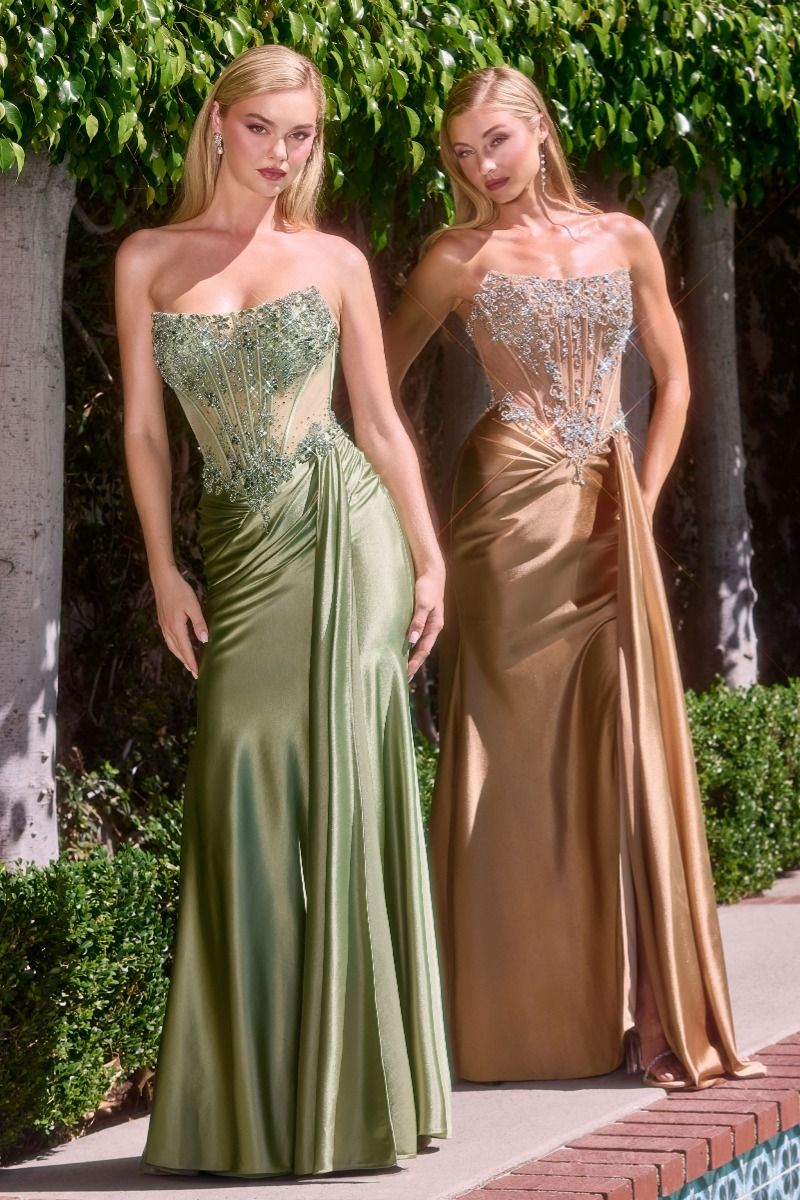 C169 Strapless Sheer Corset Fitted Dress with Slit &amp; Sash