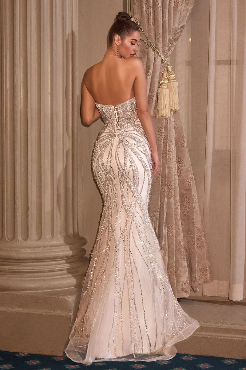 CC0688W Strapless with Plunging Neckline, Pearl &amp; Crystal Embellished