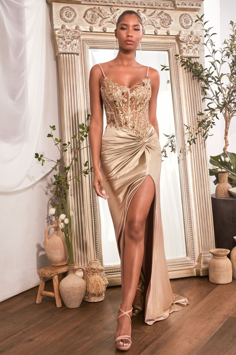 CD0176 Fitted Satin Gown with Embellished Bodice