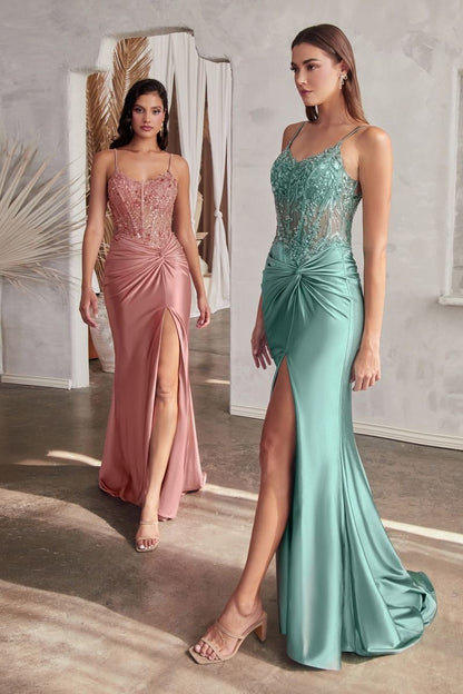 CD0176 Fitted Satin Gown with Embellished Bodice