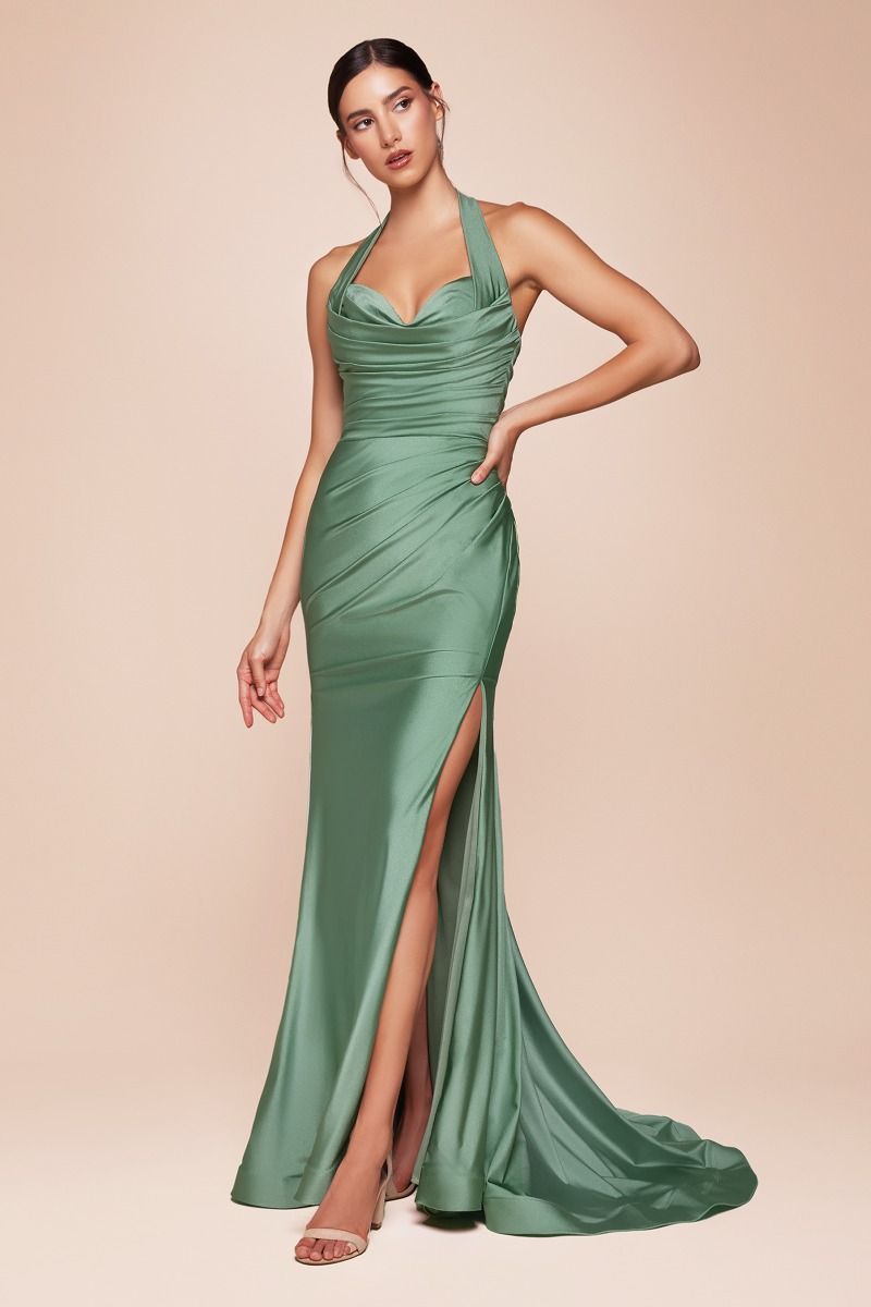CD796 Stetch Satin Halter Fitted Dress
