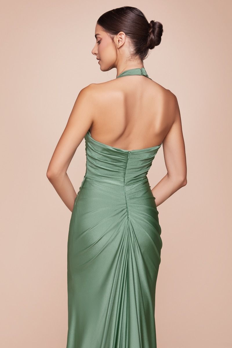 CD796 Stetch Satin Halter Fitted Dress
