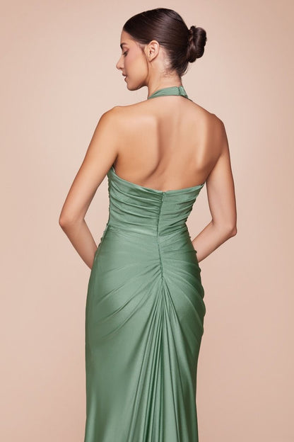 CD796 Stetch Satin Halter Fitted Dress