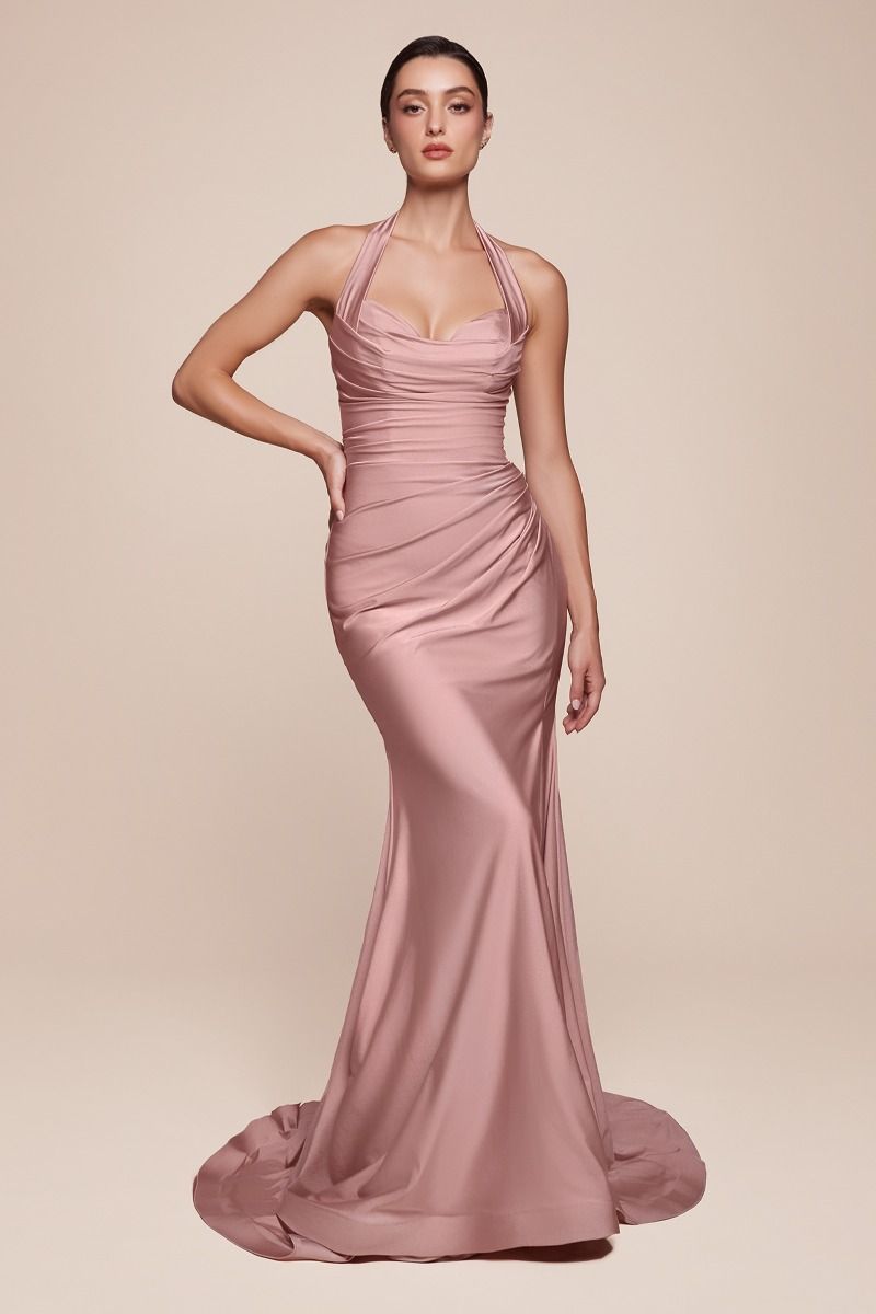 CD796 Stetch Satin Halter Fitted Dress