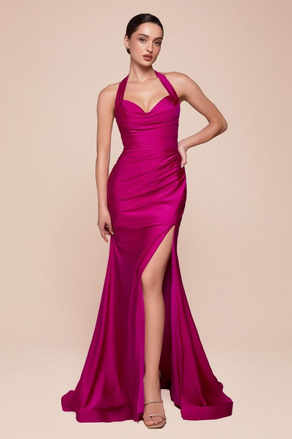 CD796 Stetch Satin Halter Fitted Dress