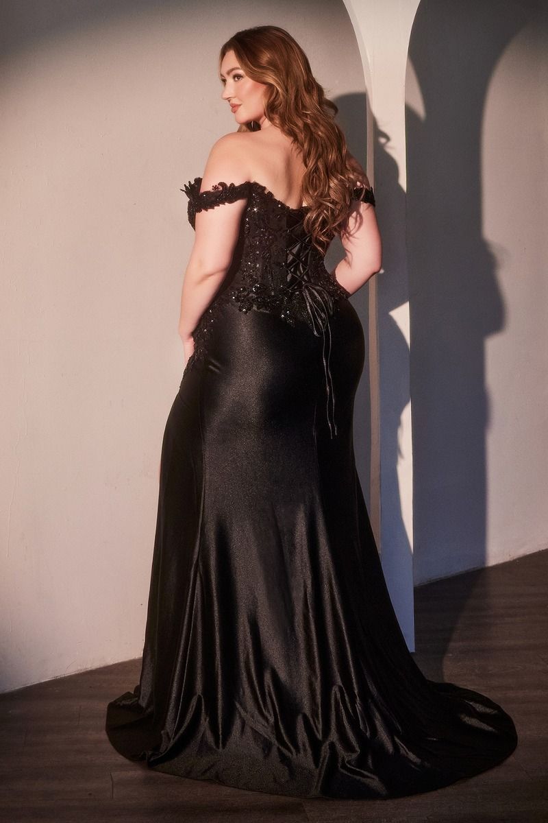CDS537C Off Shoulder Lace &amp; Satin Curve Dress