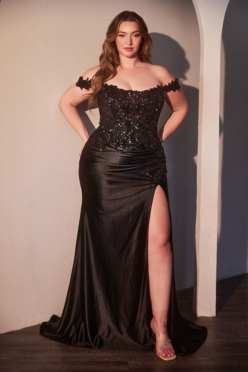 CDS537C Off Shoulder Lace &amp; Satin Curve Dress