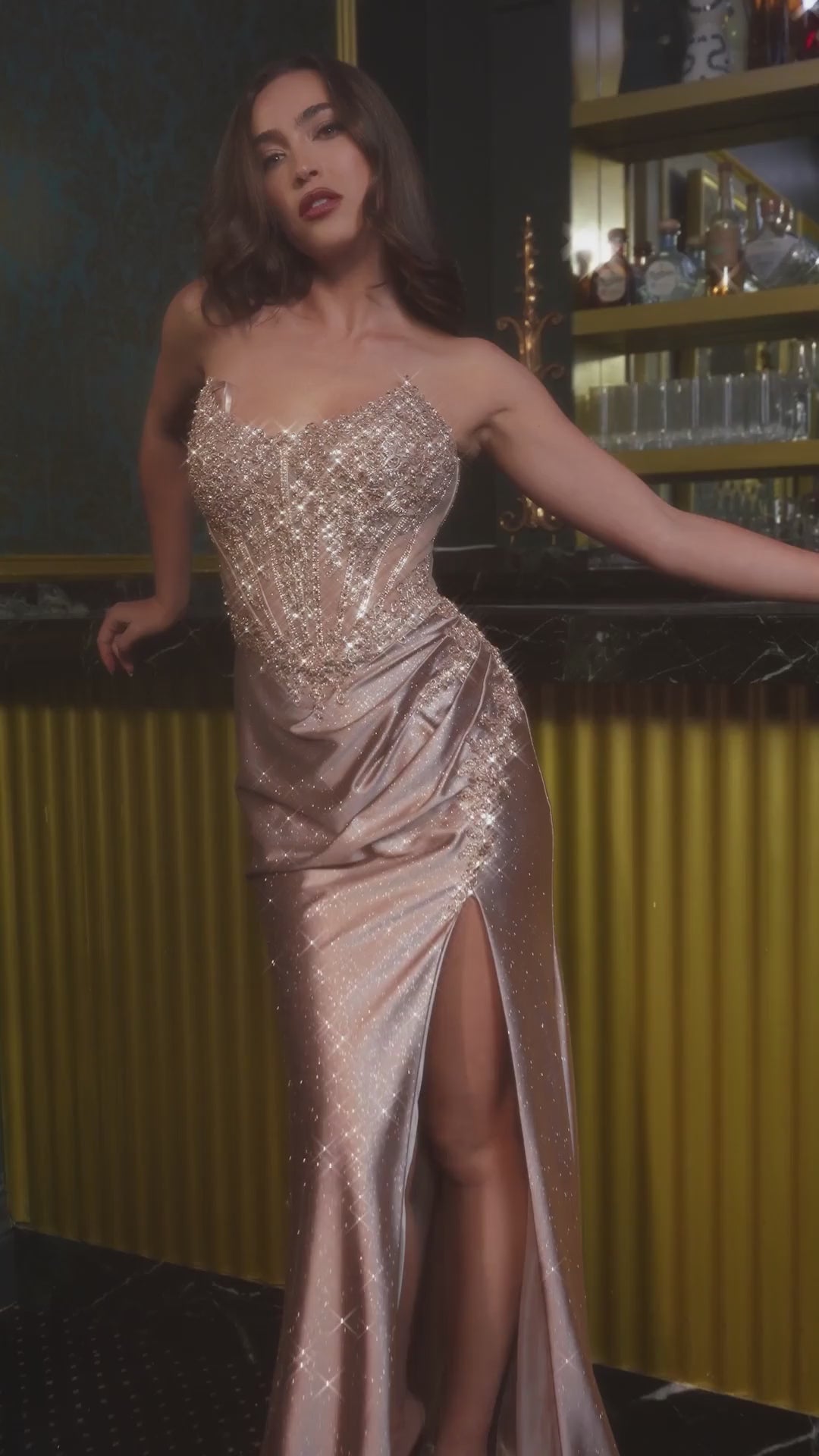 CC475 STRAPLESS FITTED GOWN WITH LACE DETAILING