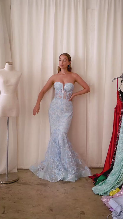 CB099 Strapless Butterfly Print Mermaid Gown